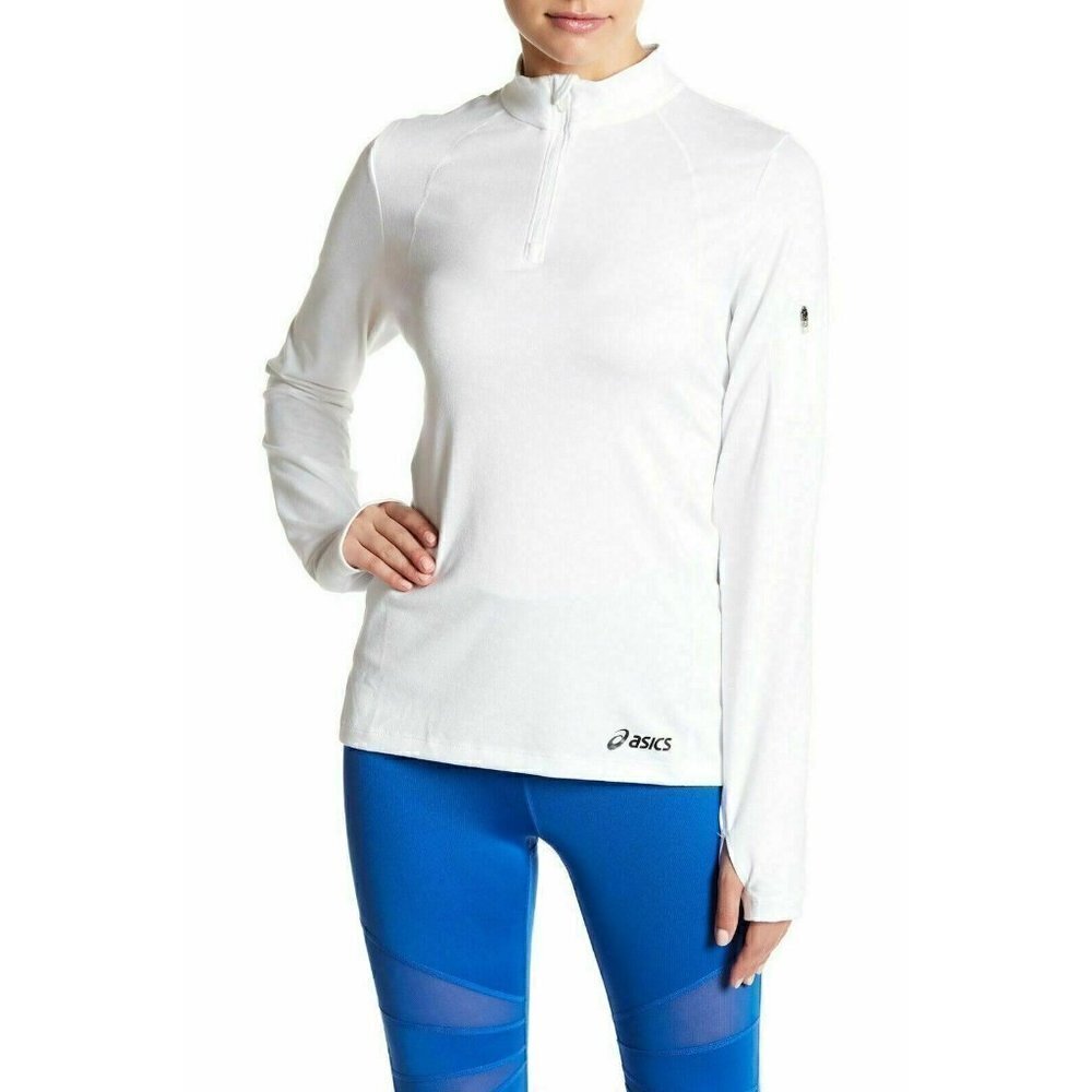ASICS Womens White Active Soft Quarter Zip Mock Neck Thumbhole Pullover Size S